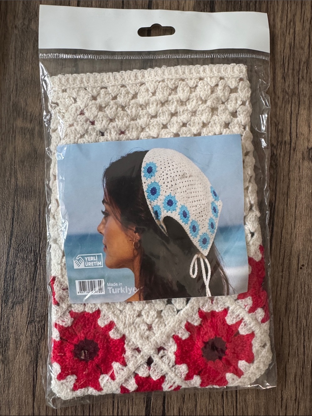 Crocheted Women’s Headscarf - Cream with Red Flower Accents